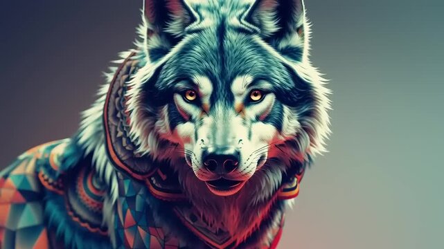 Digital Artistic Wolf Portrait with Vibrant Colors.