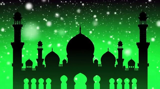 Silhouette mosque at night with glowing green background and stars