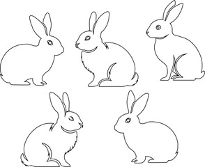 Fototapeta premium Set of black rabbit and bunny outline silhouettes in various poses isolated on white