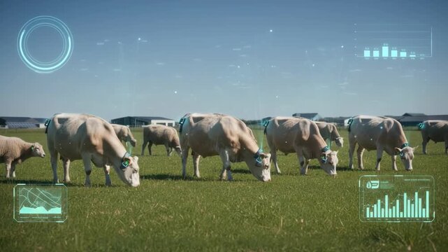 Medium shot of livestock equipped with smart sensors transmitting movement and vital signs highlighting advanced digital tracking for optimized farm operations and wellbeing.