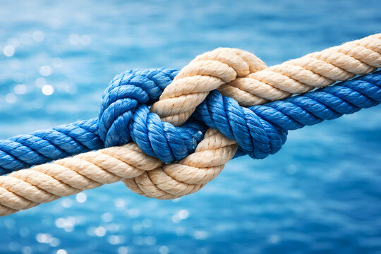 Two ropes tied together strong knot partnership agreement trust concept over blue sea background, cooperation connection teamwork unity relationship security support business alliance reliability stre