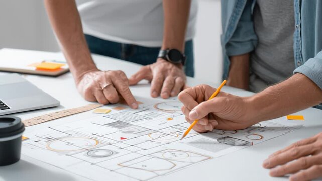 Business team working on project planning and technical drawings at office desk. Video.