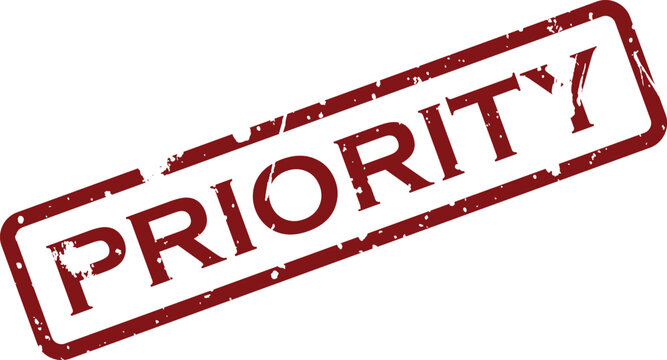A prominent red rubber stamp with a worn texture highlighting the word PRIORITY against a white background
