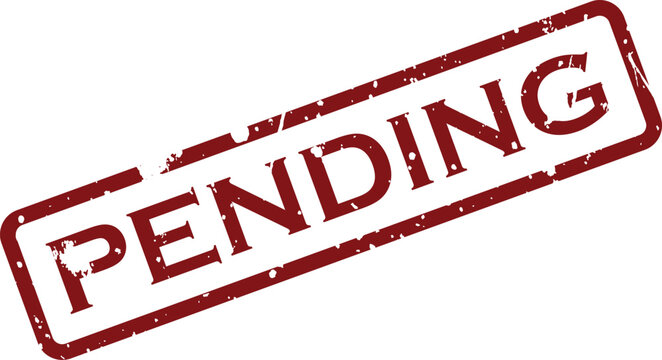 A rectangular red rubber stamp with a distressed look showcasing the word PENDING on a white backdrop