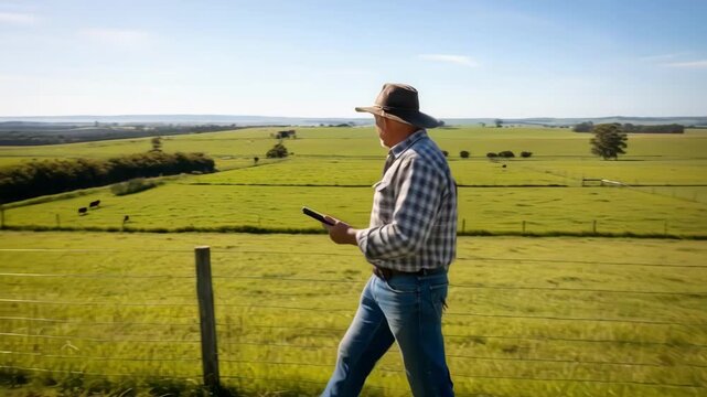 Medium shot showing landowner inspecting different paddock areas to plan grazing patterns for optimal pasture recovery.