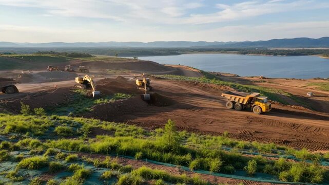 Midstage mine reclamation showing heavy machinery reshaping earth contours to restore natural landforms surrounded by recovering flora.