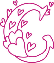 C monogram letter hand drawn with hearts. Pink alphabet symbol isolated on white.