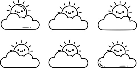 Fototapeta premium Cute cartoon sun peeking from behind a fluffy cloud, simple line art illustration