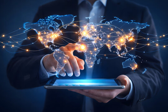 Global business technology, digital network globe hologram displayed above tablet, businessman using futuristic interface with connected world map and glowing data points, international communication,