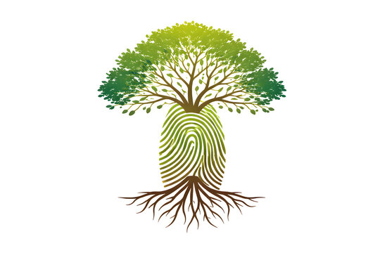 Tree fingerprint nature identity concept with roots and branches forming human touch pattern, environmental sustainability idea for ecology awareness, personal growth symbolism, green living philosoph