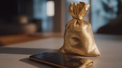 A close-up of a digital money bag displayed on a smartphone screen highlights the convenience of digital wallets and the growing trend of cashless economies in today's fast-paced digital world.
