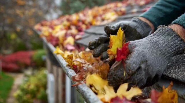 Medium shot of closeup hands removing wet leaves and dirt from residential gutter pipes amid colorful fall foliage.