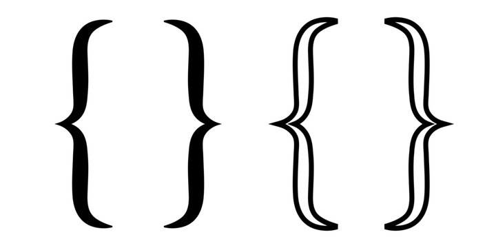 Curly bracket icon set, black and white brace symbols in bold and thin outline styles, minimalist vector illustration for typography, coding, programming, text decoration and graphic design elements.