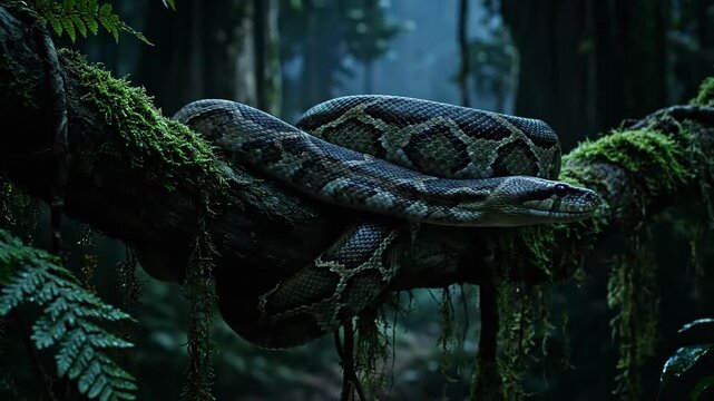Python coiled on a mossy branch in a lush, dark jungle setting