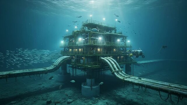 Underwater medium shot of a fixed subsea production installation with connected flowlines illustrating stable infrastructure for efficient resource retrieval in deepwater