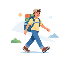 Fototapeta premium Man hiking with backpack in nature, flat vector illustration