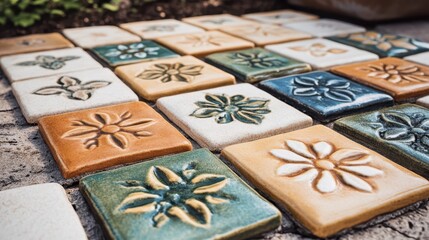 Collection of hand painted ceramic tiles with floral patterns