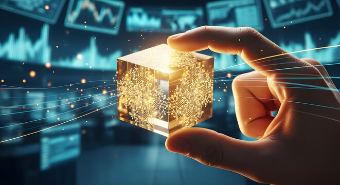 Person's hand holding a glowing cube with digital data flowing around it, symbolizing innovation and technology