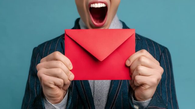 Surprised young caucasian male holding red envelope against blue background.
