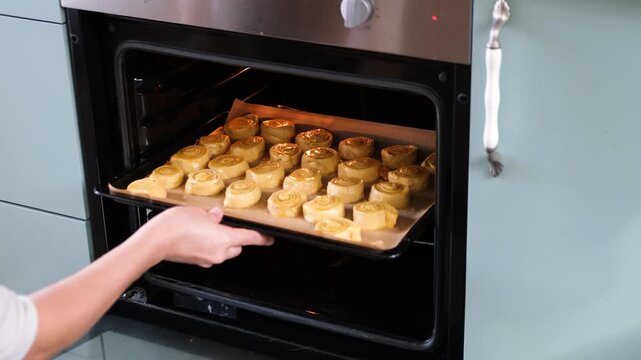 woman gaves homemade cinnamon rolls in tray into oven , green kitchen, real life