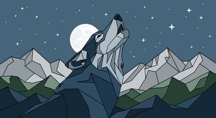 Majestic lone wolf howling at the radiant full moon amidst a striking polygonal mountain range under a starry night sky. A beautiful abstract wilderness illustration