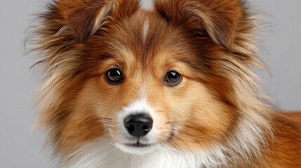 Charming Shetland Sheepdog with Bright Eyes and Playful Expression Posing on a Light Grey Background