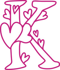K monogram letter hand drawn with hearts. Pink alphabet symbol isolated on white.