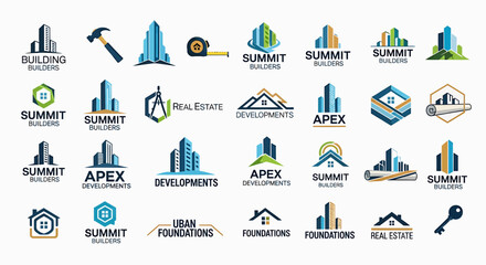A diverse collection of modern building, construction, and real estate company logos, ideal for branding and architectural development businesses, showcasing innovative design concepts
