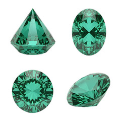 Fototapeta premium Set of Four Emerald Gemstones Assorted Cuts Showing Facets and Sparkle Isolated Transparent Background