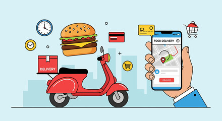 Efficient mobile food delivery service concept with an app for ordering delicious burgers and drinks, highlighting fast and convenient urban transportation by scooter
