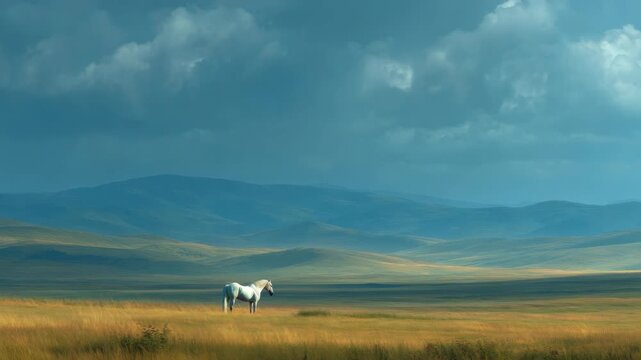 Solitary white horse on vast mountain landscape under cloudy sky.