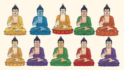 Ten serene Buddha illustrations in various colors symbolizing peace and enlightenment