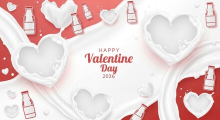 White milk splash in heart shapes with bottles and Valentine's Day text