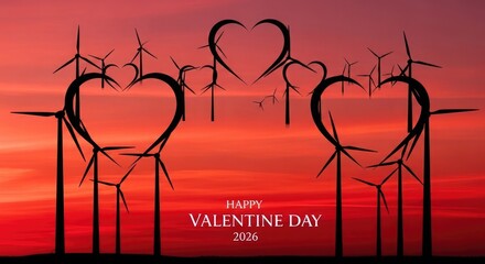 Wind turbines shaped like hearts against a red sunset