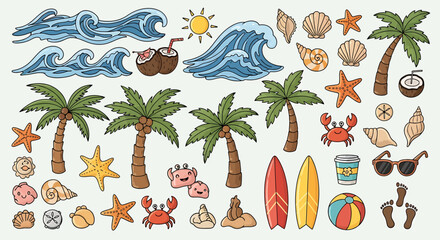 Collection of vibrant beach and summer elements including waves, palm trees, coconuts, surfboards, seashells, and starfish perfect for various designs