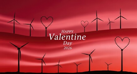 Windmills and hearts on red sky Valentine Day 2026