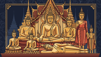 Traditional Thai Buddhist Temple Scene Depicting Multiple Buddha Statues in Gold and Red Hues