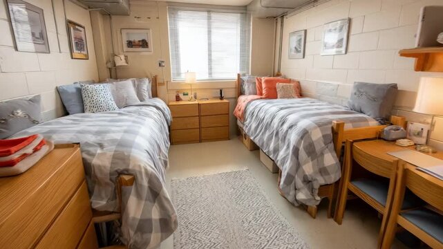 Medium shot of a dormitory layout showcasing double beds side by side designed for maximizing comfort and social interaction in limited square footage