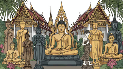 Collection of various statues of Buddha displayed in front of traditional Thai temples with lush palm trees