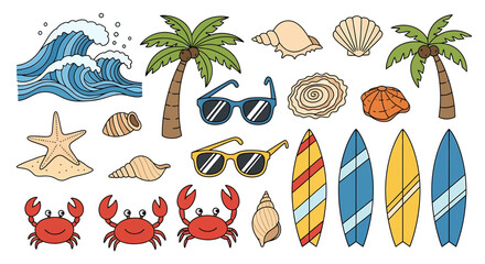 Hand-drawn summer beach vacation elements collection. Features ocean waves, palm trees, seashells, crabs, sunglasses, and surfboards for sunny holidays and tropical designs