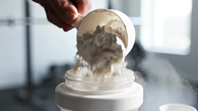 Powder Scoop and Protein Shaker: An intimate look at a scoop of protein powder being poured into a shaker, hinting at a dedication to fitness and wellness.
