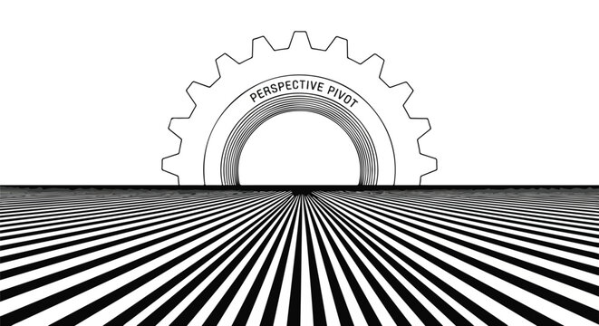 Abstract graphic illustration of a gear with 'Perspective Pivot' text over a striped vanishing point pattern, symbolizing change and new viewpoints.