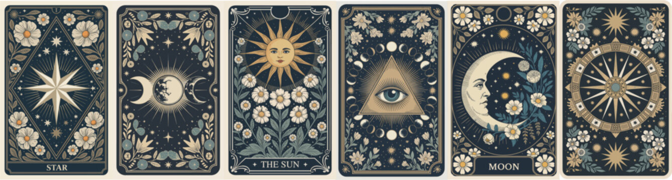 Set of vintage-style tarot cards with crescent moons, sun, all-seeing eye, floral motifs, and ornate gold borders on dark mystical background.