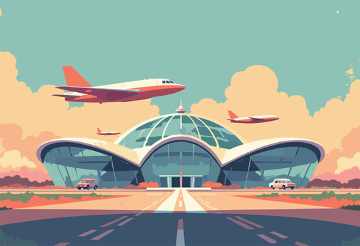 Flat Space Age Airport Terminal Googie architecture Curved glass roof, flying saucer planes, midcentury modern style