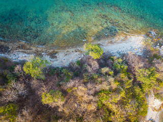Aerial view white sand beach wave tropical island turquoise water