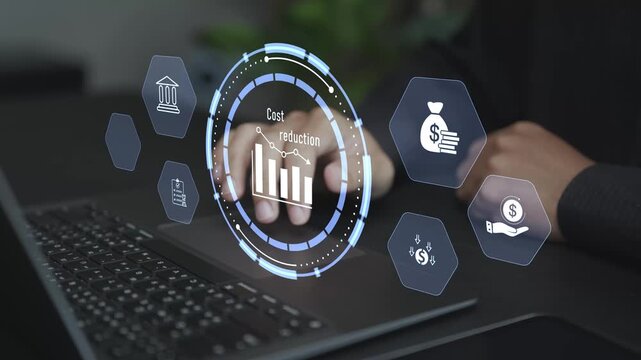 Digital cost reduction strategy with virtual icons for budgeting, analytics and optimization. Business professional controlling expenses and improving efficiency via an online platform.