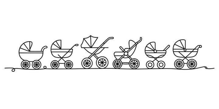 A continuous line art drawing illustrating a collection of various baby strollers and prams in a horizontal row