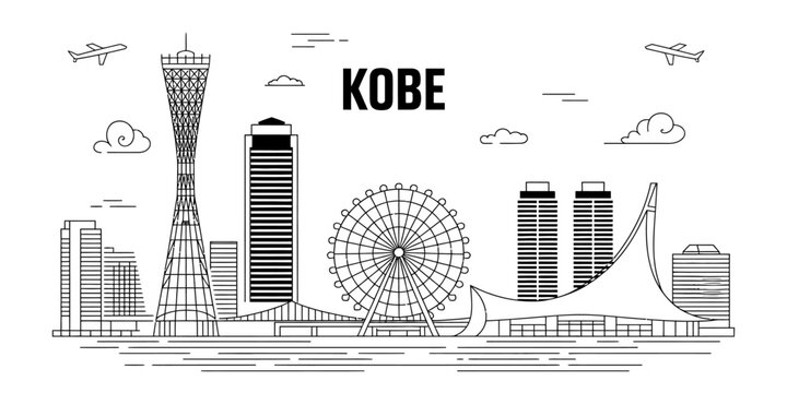 Kobe city skyline minimalist line art with famous landmarks and modern architecture