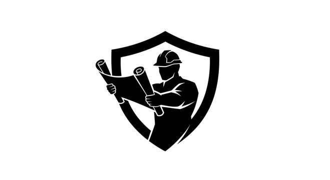 Construction worker with blueprint inside shield logo