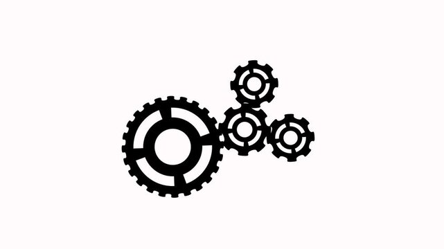 Animation of fore rotating gears of different sizes on white background. Perfect for overlays, technology videos, teamwork concepts, engineering, and creative projects
